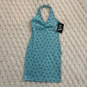 Art Class Girls Halter Dress Turquoise Cherry Pattern Small 6/7 Built In Bra